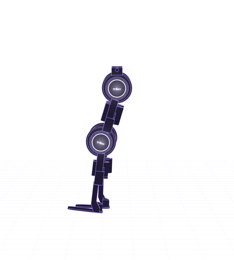 Wireframe side view of the Trexo Theo leg exoskeleton with glowing hip and knee ring lights