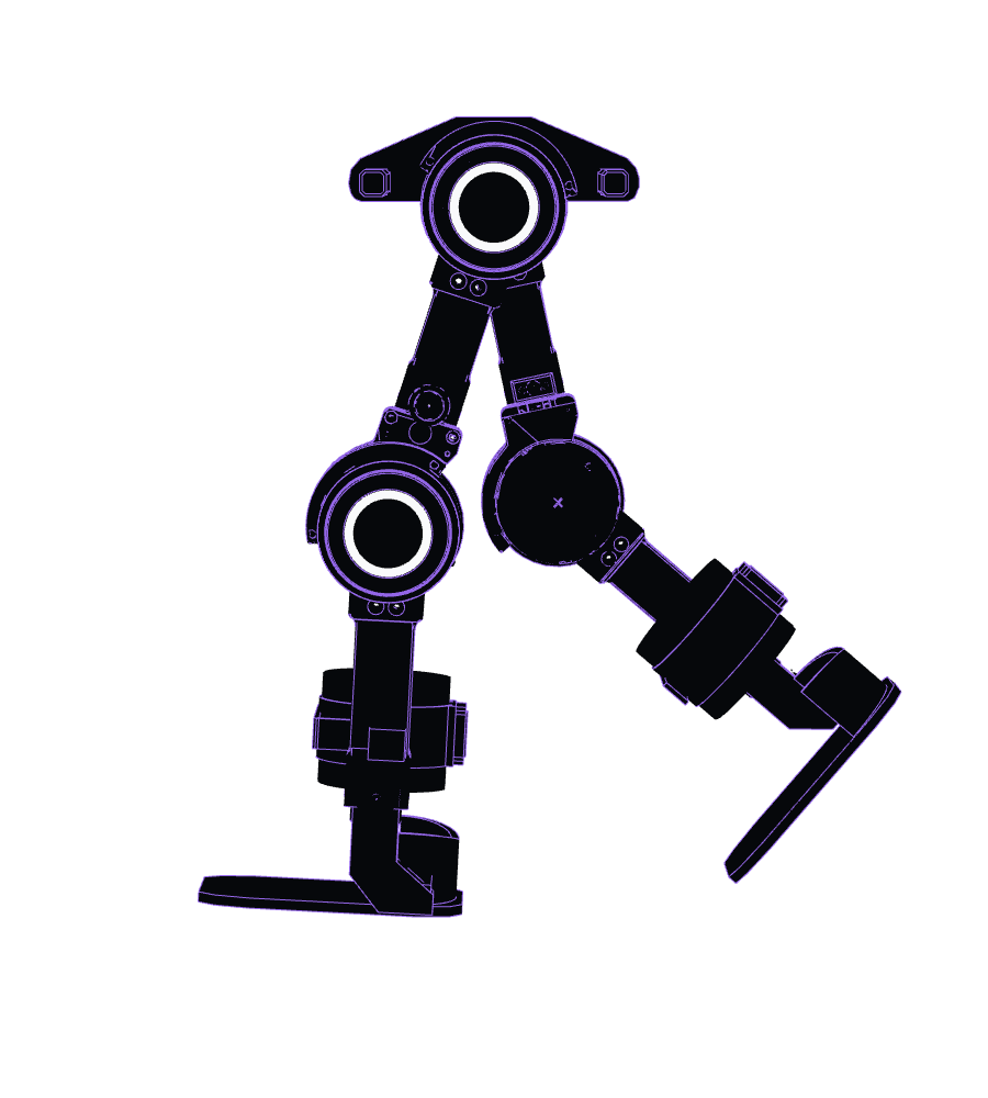 Outline view of the Trexo Theo leg exoskeleton with illuminated hip and knee rings